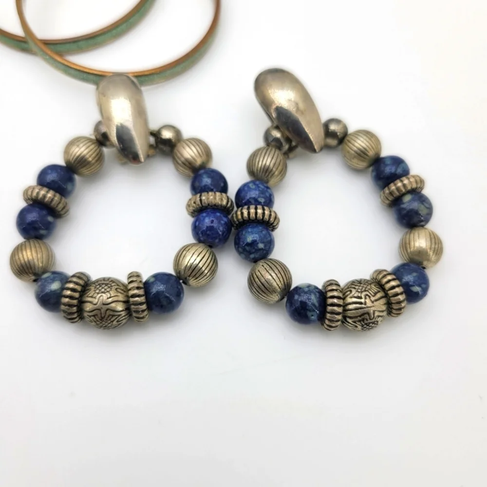 Lot of 8 Blue Silver & Gold Tone Vintage Earrings Set + NIP Bracelet